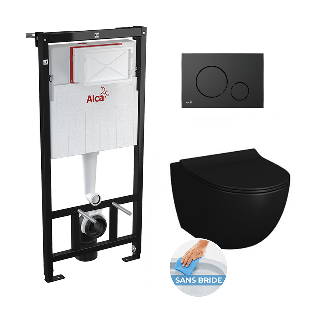 Pack WC suspendu avec bâti support et plaque de commande Alca Plast noire mate + cuvette Vitra noire mate﻿